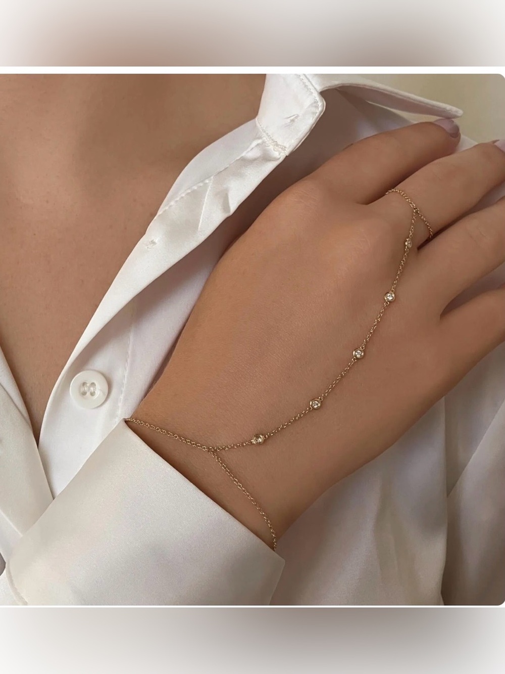 14K Gold Five Round Bezel Diamond Hand Chain - Picture 2 of 7